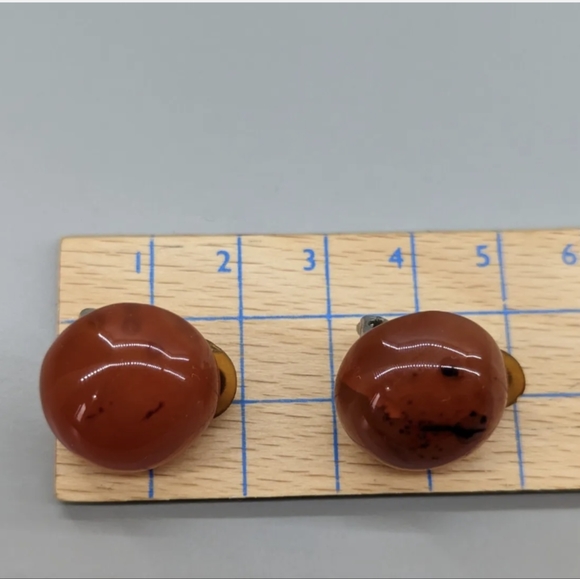 VTG Orange Amber Glass Marbled cabochon Button clip on earrings 1950s - Picture 5 of 5